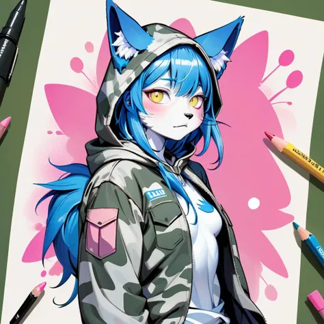 Heterochromatic pupils, yellow eyes, pink eyes,In an artful composition reminiscent of an anime drawing, a playful scene unfolds. A resplendent blue wolf, clad in a military-style camouflage shirt, stands prominently in the foreground, capturing attention with its unique fashion sense. To the left, a captivating cartoon depiction of a cat with blue hair and blue eyes adds a fantastical element to the setting, intriguing the viewer with a touch of whimsy,<lora:omaneko:0.85>,omaneku, The carefully drawn image showcases intricate details, such as a blue and white hood capturing the essence of urban fashion, and a paw with pink spots, playfully creating a sense of individuality. The overall composition sparks curiosity and invites further exploration.,