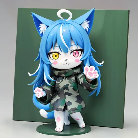 Heterochromatic pupils, yellow and pink eyes,In an artful composition reminiscent of an anime drawing, a playful scene unfolds. A resplendent blue wolf, clad in a military-style camouflage shirt, stands prominently in the foreground, capturing attention with its unique fashion sense. To the left, a captivating cartoon depiction of a cat with blue hair and blue eyes adds a fantastical element to the setting, intriguing the viewer with a touch of whimsy, The carefully drawn image showcases intricate details, such as a blue and white hood capturing the essence of urban fashion, and a paw with pink spots, playfully creating a sense of individuality. The overall composition sparks curiosity and invites further exploration., <lora:nedo2:0.75>,<lora:omaneko:0.8>,omaneku