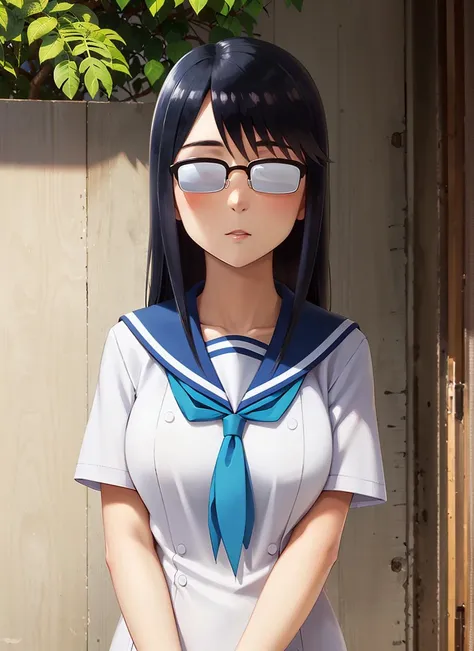 masterpiece, best quality, ultra-detailed, illustration, 1girl, solo, <lora:oono_makoto-v10:0.7>, oono_makoto-wsf, long hair, black hair, sidelocks, glasses, opaque glasses, over-rim eyewear, summer uniform, white serafuku, white shirt, aqua neckerchief, short sleeves, blue sailor collar, upper body, outdoors