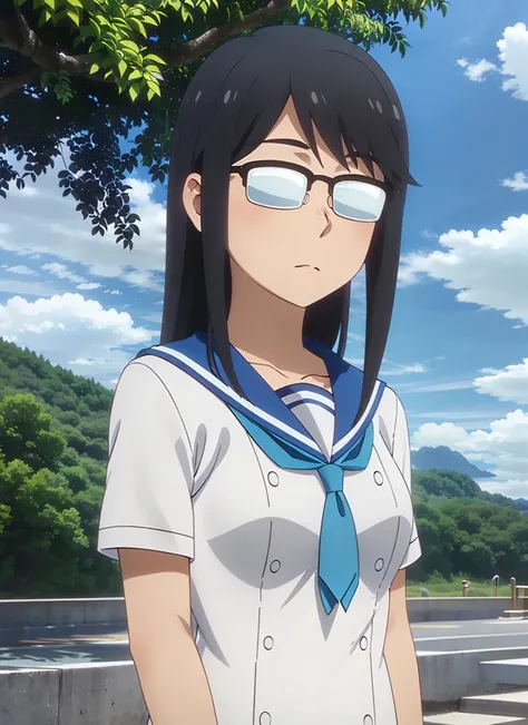 masterpiece, best quality, ultra-detailed, illustration, 1girl, solo, <lora:oono_makoto-v10:0.7>, oono_makoto-wsf, long hair, black hair, sidelocks, glasses, opaque glasses, over-rim eyewear, summer uniform, white serafuku, white shirt, aqua neckerchief, short sleeves, blue sailor collar, upper body, outdoors, anime screencap