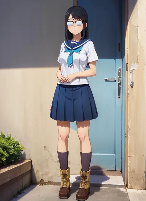 masterpiece, best quality, ultra-detailed, illustration, 1girl, solo, <lora:oono_makoto-v10:0.7>, oono_makoto-wsf, long hair, black hair, sidelocks, glasses, opaque glasses, over-rim eyewear, summer uniform, white serafuku, white shirt, aqua neckerchief, short sleeves, blue sailor collar, blue skirt, pleated skirt, medium skirt, ribbed legwear, kneehighs, purple legwear, boots, cross-laced footwear, two-tone footwear, yellow footwear, brown footwear, full body, standing, outdoors