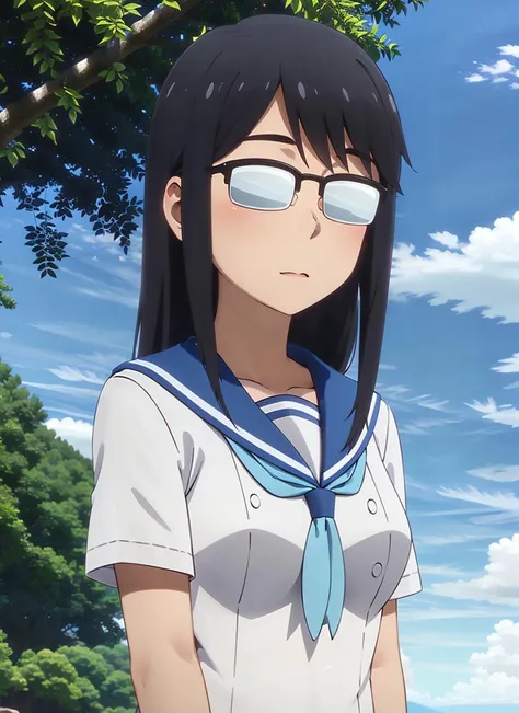 masterpiece, best quality, ultra-detailed, illustration, 1girl, solo, <lora:oono_makoto-v12:0.7>, oono_makoto-wsf, long hair, black hair, sidelocks, glasses, opaque glasses, over-rim eyewear, summer uniform, white serafuku, white shirt, aqua neckerchief, short sleeves, blue sailor collar, upper body, outdoors, anime screencap