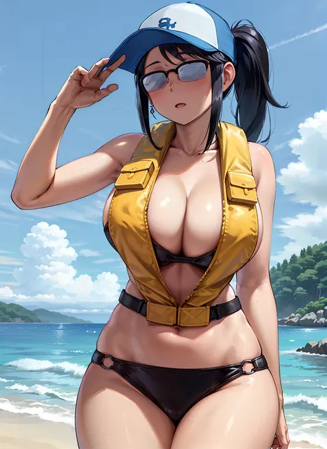 masterpiece, best quality, ultra-detailed, illustration, 1girl, solo, <lora:oono_makoto-v12:0.6>, oono_makoto, long hair, black hair, sidelocks, glasses, opaque glasses, over-rim eyewear, baseball cap, ponytail, breasts, large breasts, life vest, bikini, bikini under clothes, cowboy shot, outdoors, ocean