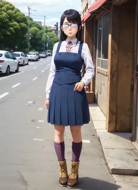 masterpiece, best quality, ultra-detailed, illustration, 1girl, solo, <lora:oono_makoto-v12:0.7>, oono_makoto-pd, long hair, black hair, sidelocks, glasses, opaque glasses, over-rim eyewear, pinafore dress, white shirt, collared shirt, long sleeves, neck ribbon, red ribbon, blue skirt, pleated skirt, medium skirt, ribbed legwear, kneehighs, purple legwear, boots, cross-laced footwear, two-tone footwear, yellow footwear, brown footwear, full body, standing, outdoors