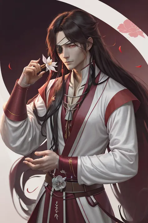 hua cheng, male focus, eyepatch, hanfu, long hair, holding flower, holding, solo, bandaged head, chromatic aberration, flower, hair down, closed mouth, bandages, rainbow, very long hair, highres, tianguan cifu, chinese clothes, long sleeves, hand up, 1boy, white flower, <lora:Hua_Chang-000017:0.8>