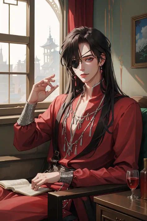 (Masterpiece:1.4), (best quality:1.2), <lora:Hua_Chang-000017:1>, hua cheng, 1boy, male focus, eyepatch, chinese clothes, jewelry, long hair, indoors, window, looking at viewer