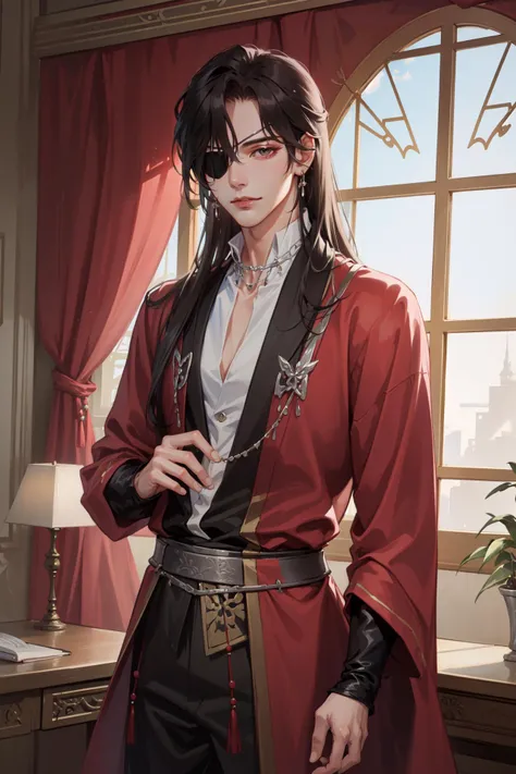 (Masterpiece:1.4), (best quality:1.2), <lora:Hua_Chang-000017:1>, hua cheng, 1boy, male focus, eyepatch, chinese clothes, jewelry, long hair, indoors, window, looking at viewer