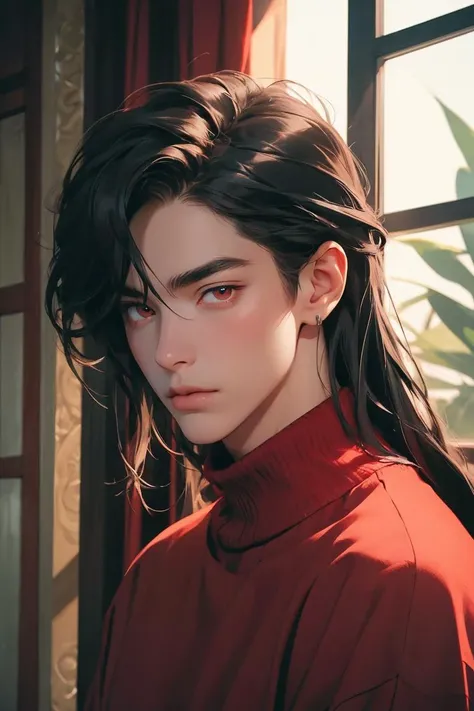 masterpiece, best quality, 1boy, male focus, hua cheng, (red eyes, long hair, black hair), (pale skin, fair skin), (red sweater), upper body, portrait, looking at viewer, indoors, mansion, windows, professional illustration, hires, <lora:Hua_Chang:0.6>