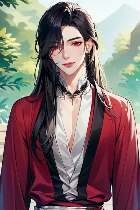 (Masterpiece:1.4), (best quality:1.2), <lora:Hua_Chang-000017:1>, hua cheng, 1boy, male focus, chinese clothes, jewelry, long hair, red eyes, looking at viewer, light smile, outdoors, upper body