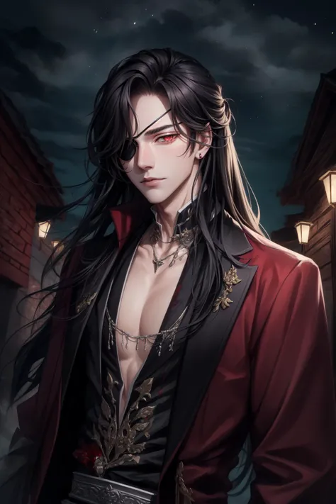 (Masterpiece:1.4), (best quality:1.2), <lora:Hua_Chang-000017:0.8>, hua cheng, 1boy, male focus, eyepatch, chinese clothes, jewelry, long hair, blood on clothes, blood, blood splatter, red eyes, looking at viewer, outdoors, night, upper body