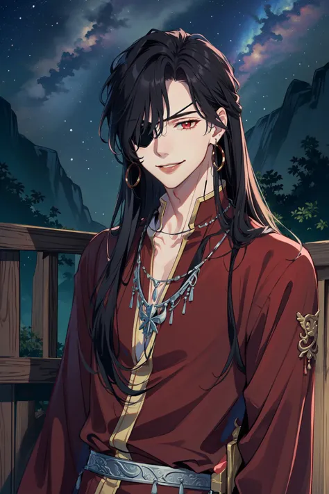 (Masterpiece:1.4), (best quality:1.2), <lora:Hua_Chang-000017:1>, hua cheng, 1boy, male focus, eyepatch, chinese clothes, jewelry, long hair, red eyes, starry sky, looking at viewer, outdoors, smile, upper body
