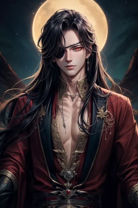 (Masterpiece:1.4), (best quality:1.2), <lora:Hua_Chang-000017:0.8>, hua cheng, 1boy, male focus, eyepatch, chinese clothes, jewelry, long hair, blood on clothes, blood, blood splatter, red eyes, looking at viewer, outdoors, night, upper body, <lora:add_detail:1>