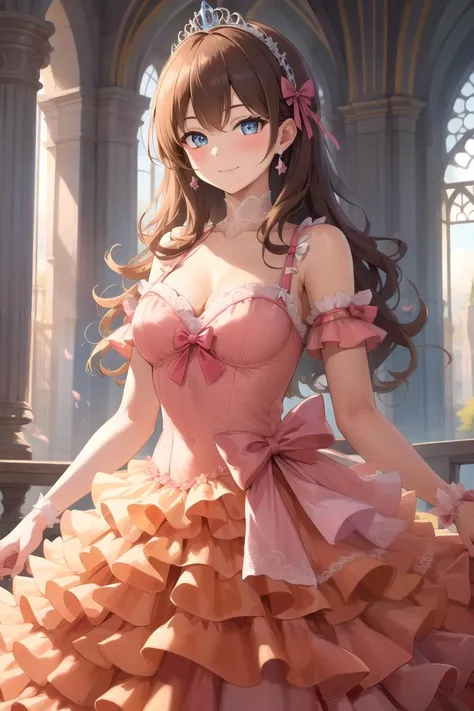 masterpiece, best quality, highres, 1girl, beautiful girl, smiling, regal, princess dress, vibrant, vivid, ribbons, lace, bows, ruffles, layered dress, tiara, <lora:princess_dress-1.0:0.6>