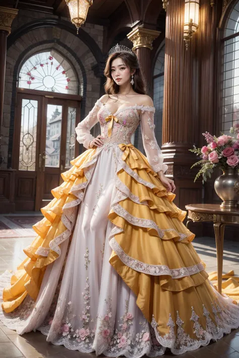 (realistic:1.3), finely detailed, quality, rembrandt lighting, (masterpiece:1.2), (photorealistic:1.2), (best quality), (detailed skin:1.3), (intricate details), dramatic, ray tracing, 1girl, japanese girl, 21 years old, detailed skin texture, (blush:0.5), (goosebumps:0.5), subsurface scattering, smiling, medium breasts, long hair curls, bangs, hair between eyes, tiara, jewelry, princess dress, ribbons, lace, bows, ruffles, layered dress, full body, (bright sunny day), <lora:princess_dress-1.0:0.6>