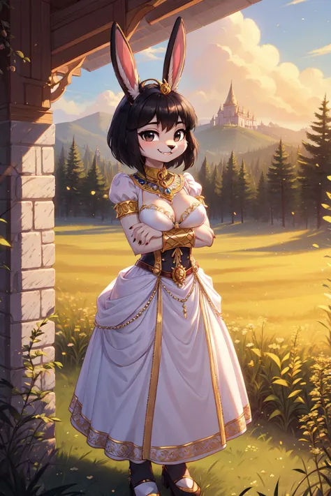 full body, furry  rabbit, animal ears, (detailed black hair), rabbit snout,  buck teeth, (detailed white fur:1.2), beautiful black eyes, fur trim, bunny tail ,grass field,
(crossed arms, 1.2), smug smile, light smirk, (showing hands:1.2), bent over,
princess dress, tiara, puffy sleeves, bra,
gold bracelets with embedded stones, rings on fingers, golden embroidered belt embedded with gems, gold earrings with pearls, tiara,
(masterpiece:1.2), (highly detailed:1.2), (intricate:1.2), (best quality:1.2),(8k:1.2), (elegant:1.2), (sharp:1.2), (majestic:1.2),
cinematic summer lighting, vivid color, evening,
medium sagging breasts,
<lora:Yiffy_Assist_Recommended_Strength_0.1-0.8 :0.4>
<lora:EgyptianClothes-10:1>
<lora:princess_dress-SD-2.0:1>