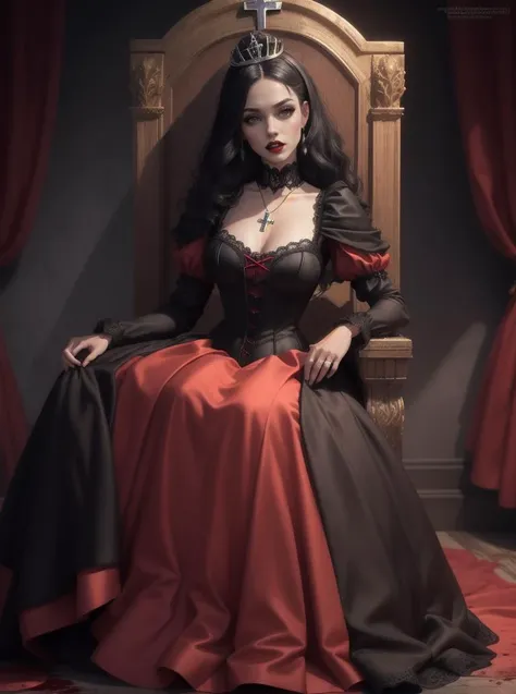 8k, masterpiece, highly detailed, high quality,
mature female wearing a black and red (princess dress), <lora:princess_dress-SD-2.0:1>,
black hair, lipstick, mascara, fangs,
vampire, gothic, dark, horror \(theme\), tiara, lace, blood, throne, velvet, crucifix,