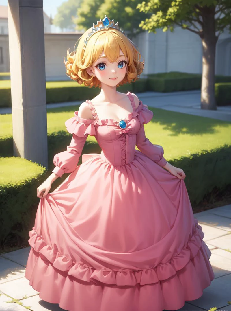 8k, masterpiece, highly detailed, high quality,
1girl wearing a pink (princess dress), <lora:princess_dress-SD-2.0:1>
off shoulder,brooch, tiara,
cowboy shot, smile, blonde hair, curly hair, blue eyes, curtsey, bowing, dress hold, cute, full body