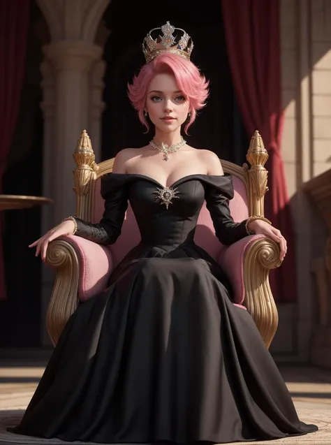 8k, masterpiece, highly detailed, high quality,
1girl wearing a black (princess dress), <lora:princess_dress-SD-2.0:1>,
pink hair Bouffant,
throne, crown, smirk