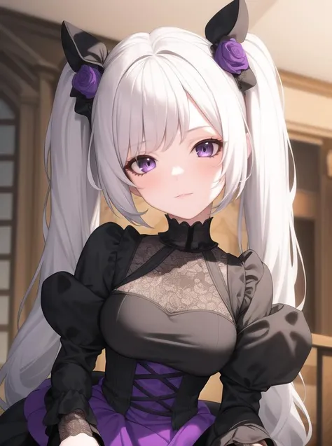 8k, masterpiece, highly detailed, high quality,
1girl wearing a black and purple (princess dress), <lora:princess_dress-SD-2.0:1>
twintails, gothic, upper body, head tilt, brilliant eyes, white hair, rose