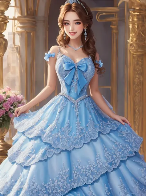beautiful girl, smiling, regal, (blue princess dress), vibrant, vivid, (bows), <lora:princess_dress-1.0:0.8>