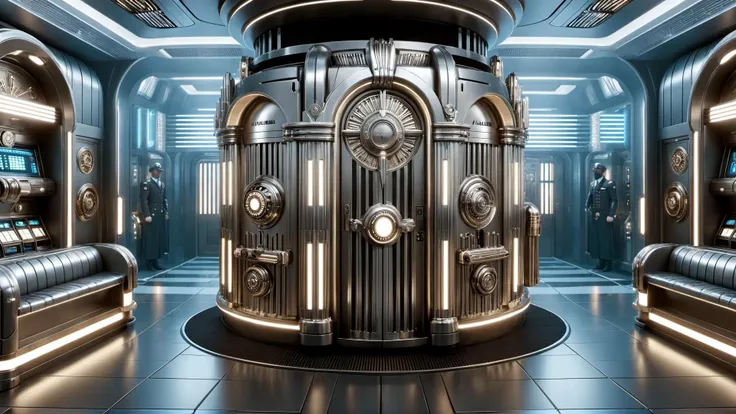 Photograph of RaygunGothicStyleAI armed guards, bank vault detailed background, trending artstation, sharp <lora:AI Raygun Gothic Style:0.85>, 35mm photograph, film, professional, 4k, highly detailed, Nikon Z9