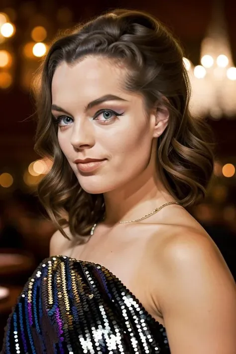 raw photo of an a beautiful (blonde) woman, in the restaurant, who is she?, stunning sequin dress, perfect face, eyes, 8k uhd, ((close up))