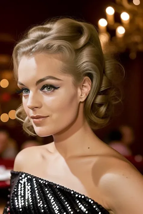 raw photo of an a beautiful (((blonde))) woman, in the restaurant, who is she?, stunning sequin dress, perfect face, eyes, 8k uhd, ((close up))