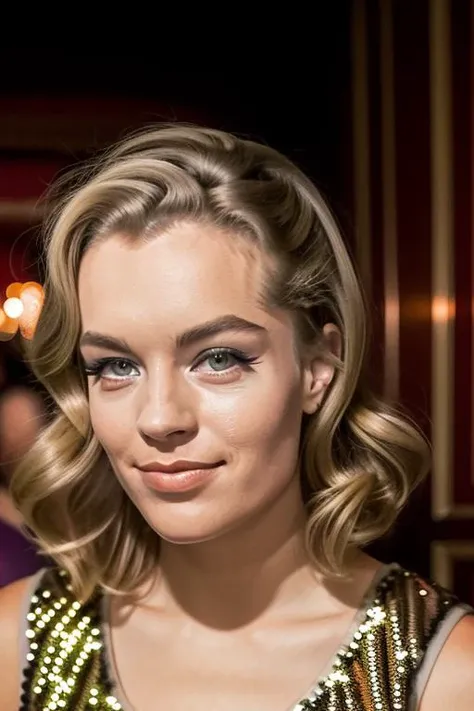 raw photo of an a beautiful (((blonde))) woman, in the restaurant, who is she?, stunning sequin dress, perfect face, eyes, 8k uhd, ((close up))