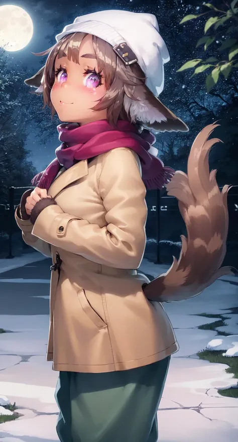 masterpiece, best quality, absurdres, illustration, 8k, realistic shadows, blush, detailed shadows,  skindentation,  hdr, cinematic lighting, cowboy shot, (shiny skin:1.2) perfect eyes, perfect face, (cute:1.1), eyelashes
Elbia Hanaiman, 1girl, solo, overcoat, hood, fur-trimmed. pants. combat boots, knit hat, mittens, animal ears. dark-skinned female, purple eyes. light smile, tail, bushy tail
outdoors, snow, snow falling, snow on ground, night, street lights ,country road, cars, starry sky, moon, looking up, scenery, scarf, galaxy, comet shower, starry horizon, open coat, brown hair