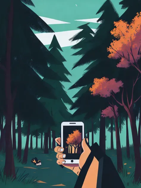 <lora:MoyLee:1>a person holding a cell phone in front of trees