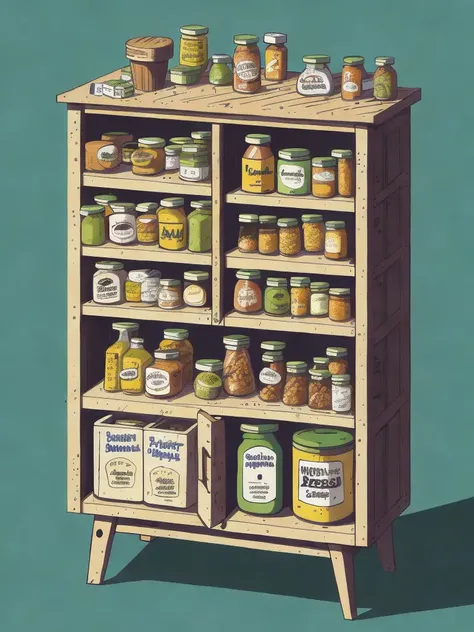 <lora:MoyLee:1>a wooden cabinet filled with food and condiments