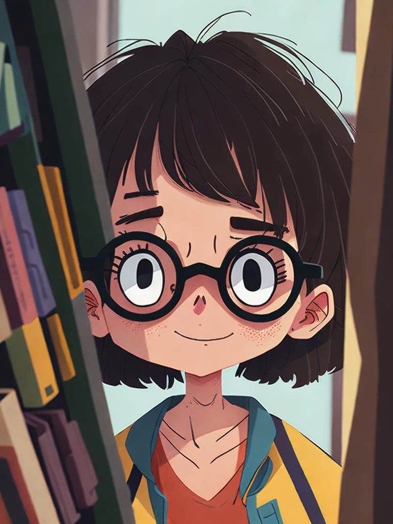 <lora:MoyLee:1>a cartoon girl with glasses peeking out from behind a bookshelf