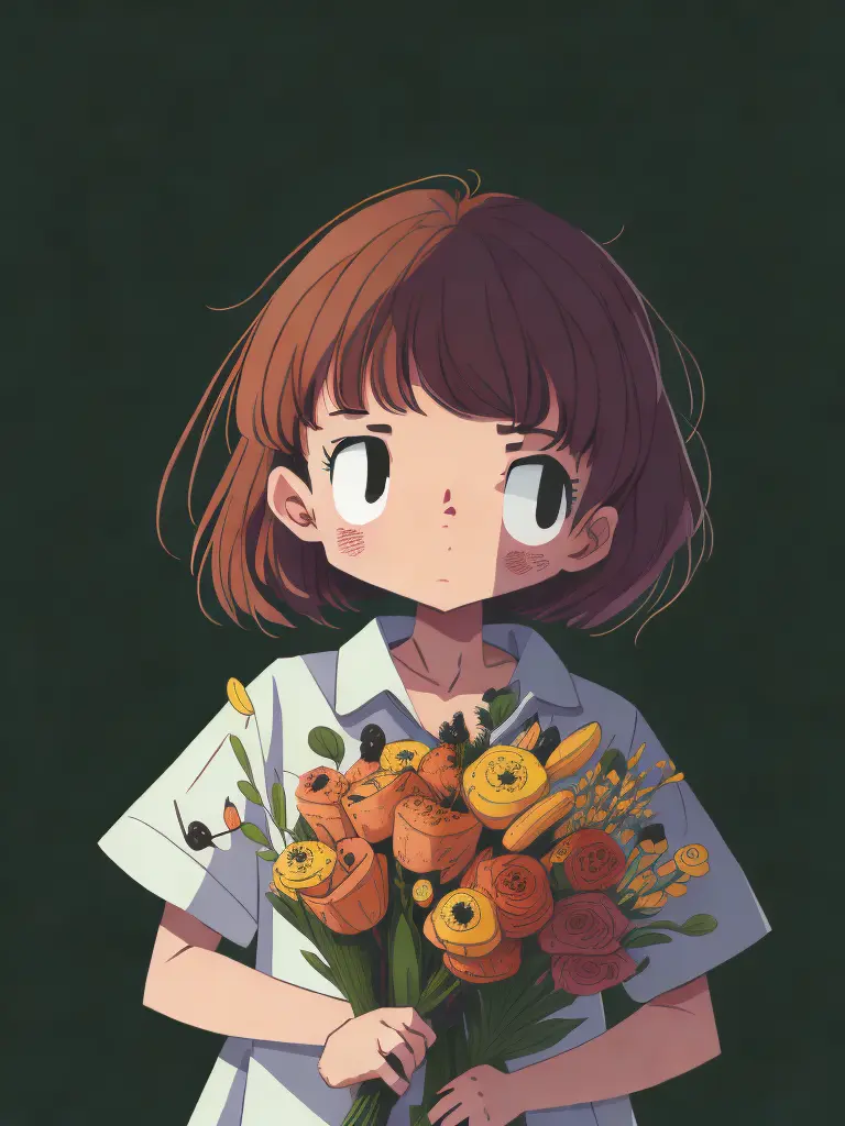 <lora:MoyLee:1>a girl holding a bouquet of flowers in her hands