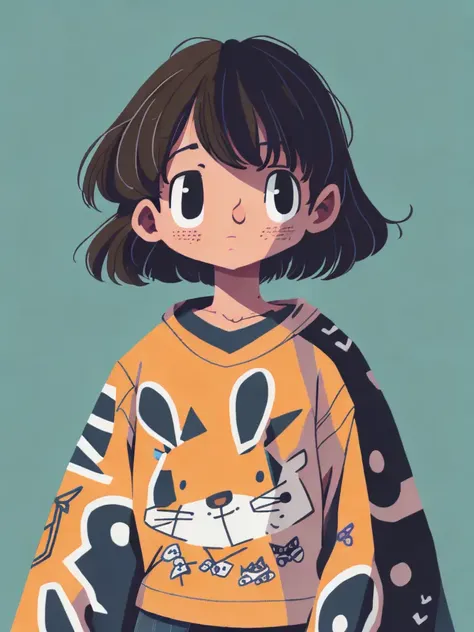 <lora:MoyLee:1>a drawing of a girl wearing a sweater with rabbit designs on it
