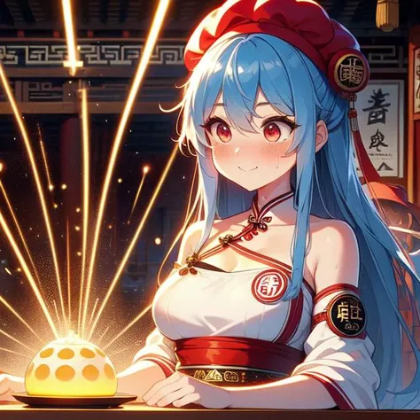 (((masterpiece))), (((best quality))), (((chūka ichiban))), (((glowing Steamed buns with eggs))), (((laser beam shoots from center in all directions))), ((red beret hat)), (((red complex pattern qipao))), ((sleeves)), (((ancient china inn and street))), (((countless crowd))), ((square table)), ((outdoor)), solo, 1girl, cleavage, (big tits), holding plate, collarbone, ribbon, blue hair, longhair, smile, sweat, shy, blush, slim figure, <lora:girllikechūkaichiban:1>