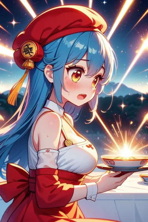 (((masterpiece))), (((best quality))), (((from side))), (((chūka ichiban))), ((glowing yellow soup)), (((laser beam shoots from center in all directions))),(((holding plate))), ((red beret hat)), ((white complex pattern button qipao)), (((red sleeves))), ((china palace)), ((square table)), ((countless crowd)), (((outdoor))), solo, 1girl, cleavage, (((big tits))), collarbone, ribbon, blue hair, longhair, open mouth, sweat, shy, blush, slim figure, <lora:girllikechūkaichiban:1>