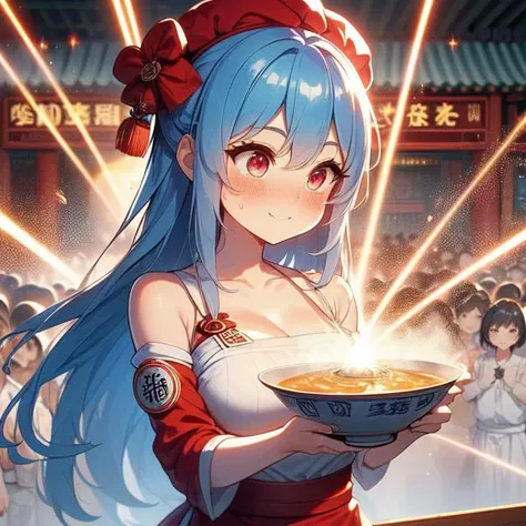 (((masterpiece))), (((best quality))), (((chÅ«ka ichiban))), (((glowing Ramen soul in bowl))), (((laser beam shoots from center in all directions))), ((holding plate)), ((red beret hat)), (((red complex pattern qipao))), ((sleeves)), (((ancient china inn and street))), (((countless crowd))), ((square table)), ((outdoor)), solo, 1girl, hot, ((sweat)), cleavage, (big tits), holding plate, collarbone, ribbon, blue hair, longhair, smile, shy, blush, slim figure, <lora:girllikechÅ«kaichiban:1>