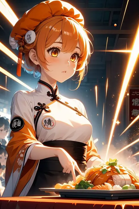 (masterpiece, best quality), 1girl, Fiery Orange Short Messy Hair with High Fade, small breasts, <lora:girllikechuÌkaichiban:1> chÅ«ka ichiban, glowing chinese cuisine, laser beam shoots from center in all directions, holding plate, beret hat, qipao, china palace, square table, countless crowd