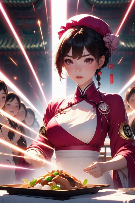 (masterpiece, best quality), 1girl, Magenta Top Braided Knot, Size H breasts, <lora:girllikechuÌkaichiban:1> chÅ«ka ichiban, glowing chinese cuisine, laser beam shoots from center in all directions, holding plate, beret hat, qipao, china palace, square table, countless crowd