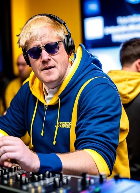 (masterpiece, best quality, awards winner) close up portrait Boris Johnson wearing (yellow-blue hoodie) playing on the dj panel, dj panel, (headphones), (sunglasses), 1man, professional photography, high resolution, 8k, detailed photo, hyperealistic, ultrasharp, studio light, soft shasows, <lora:boris:0.95>