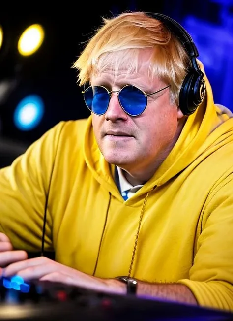 (masterpiece, best quality, awards winner) close up portrait Boris Johnson wearing (yellow-blue hoodie) playing on the dj panel, dj panel,  (headphones),  (round sunglasses), 1man, professional photography, high resolution, 8k, detailed photo, hyperealistic, ultrasharp, studio light, soft shasows,  <lora:boris:0.95>