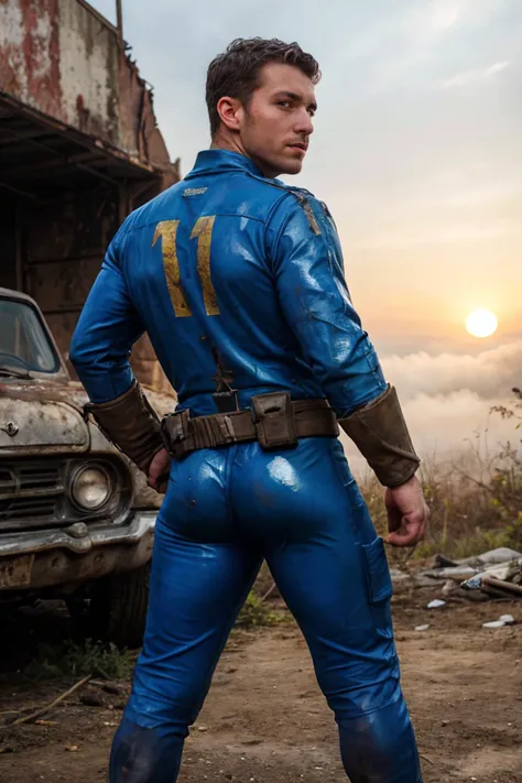 photo of a man wearing worn torn fallout latex vaultsuit, lone wanderer, fallout \(series\), post-apocalypse, wasteland, dilapidated gas station, back, sniper rifle, weapon on back, sweaty, shiny oily skin, exhausted, looking back, sunset, fog, <lora:vaultsuit:0.5> pipboy3000, realistic, highly detailed, realistic eyes, intricate details, detailed background, depth of field, dynamic pose, dynamic angle