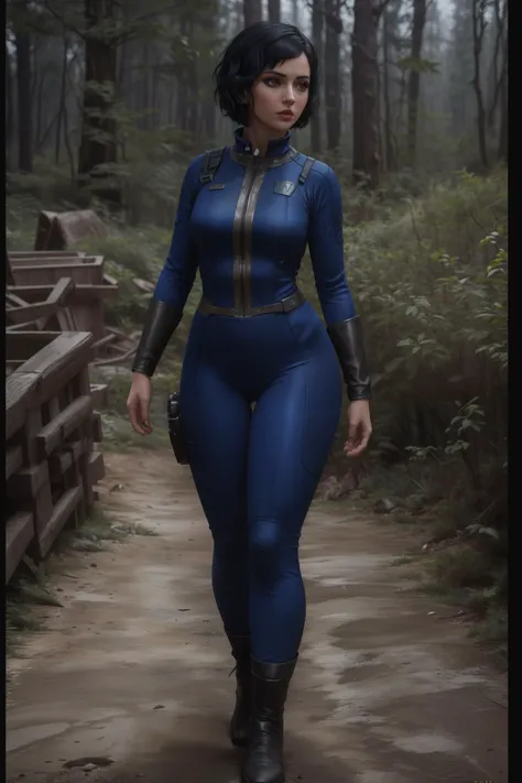 full body shot of a woman with short black hair wearing vaultsuit without pipboy3000 standing in a forest, professionally color graded, professional photography, well drawn, masterpiece, hyper realistic, ultra detailed, high quality, best quality, 4k, 8k, raw <lora:talojivaultsuit:0.35> <lora:add_detail:0.15>