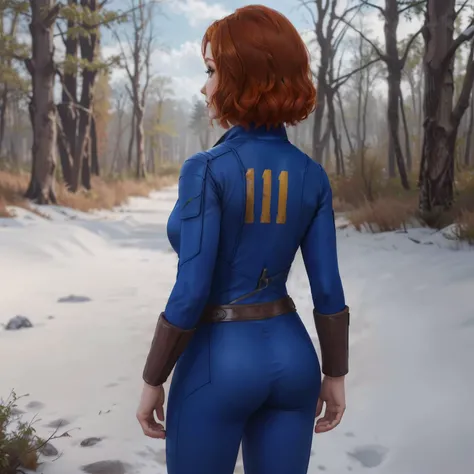 back shot of a woman with short auburn hair wearing vaultsuit without pipboy3000 standing in a forest, 111 text in the back of the suit, professionally color graded, professional photography, well drawn, masterpiece, hyper realistic, ultra detailed, high quality, best quality, 4k, 8k, raw <lora:talojivaultsuit:0.55>