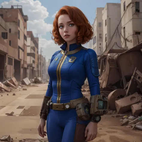 a girl with short auburn curly hair wearing (vaultsuit with pipboy3000 on wrist) standing in a ruined city, professionally color graded, professional photography, well drawn, masterpiece, hyper realistic, ultra detailed, high quality, best quality, 4k, 8k, raw <lora:talojivaultsuit:0.3>