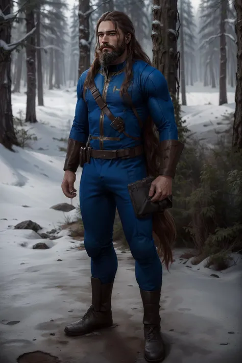 full body shot of a man with long hair and beard wearing vaultsuit without pipboy3000 standing in a forest, professionally color graded, professional photography, well drawn, masterpiece, hyper realistic, ultra detailed, high quality, best quality, 4k, 8k, raw <lora:talojivaultsuit:0.55> <lora:add_detail:0.2>