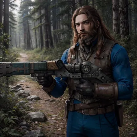 a man with long hair and beard wearing vaultsuit without pipboy3000 (holding gauss rifle) with both hands in a forest, aiming laserrifle professionally color graded, professional photography, well drawn, masterpiece, hyper realistic, ultra detailed, high quality, best quality, 4k, 8k, raw <lora:talojivaultsuit:0.55> <lora:add_detail:0.2>