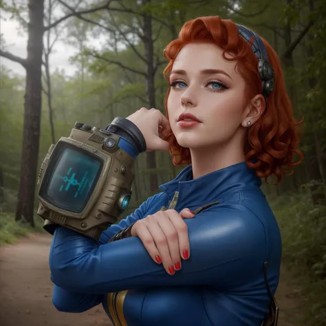 1girl, a girl with (short curly auburn hair:1.2) and dark blue eyes and pinup makeup wearing (blue vaultsuit with pipboy3000) posing with pipboy3000 and (her hand in her shoulder:1.2) in front of a forest, cloudy day, redhead, post apocalyptic, fallout, fallout 4, bethesda, bethesda art, vault girl, vault tec, 50s, cute face, younger face, beautiful slim model body, (beautiful red nails:1.2), atompunk, (atompunkstylesd15:0.25), ultra realistic, hyper realism, (realistic suit shading:1.2), shiny metal, wallpaper, intricate, sharp focus, rtx, professionally color graded, well drawn, masterpiece, ultra detailed, high quality, best quality, 4k, 8k, raw <lora:talojivaultsuit:0.35> <lora:add_detail:0.15>