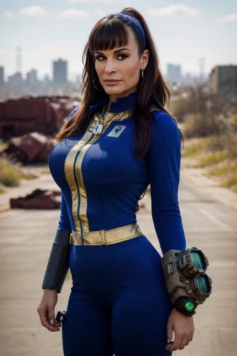 (RAW), (Lisa Ann:1.2), (pose) ruined abandoned city, vaultsuit pipboy3000, (8k uhd dslr natural light high quality) <lora:vaultsuit:0.6>