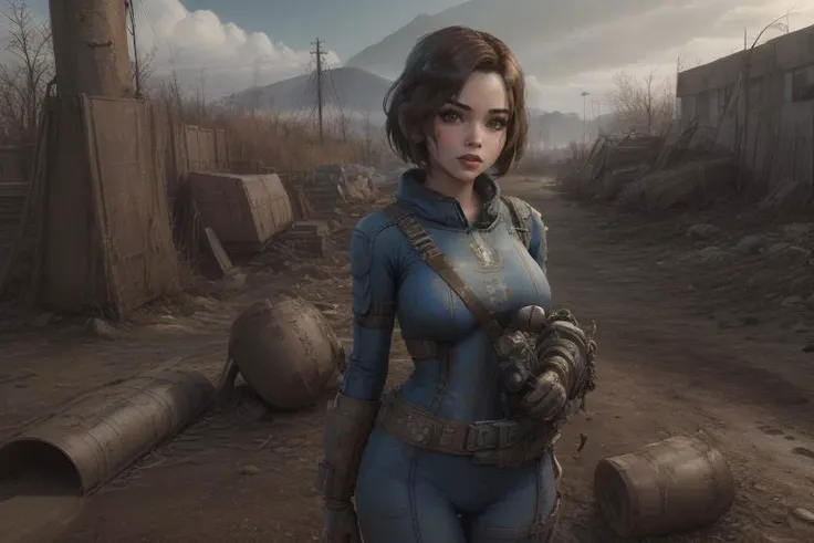 <lora:vaultsuit:0.45>, (fallout4, post apocalyptic style). solo, Fairy_SG girl wearing a (vaultsuit), looking at things